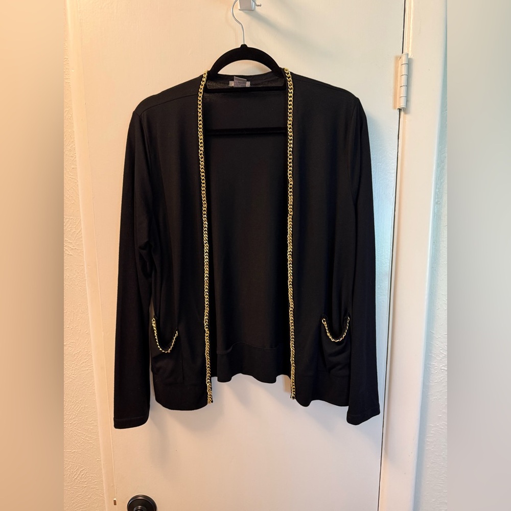 Black cardigan with gold chain detail